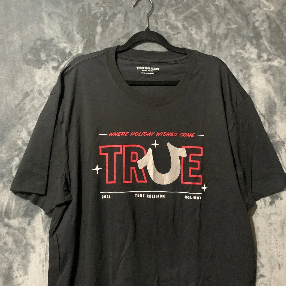 True Religion T-Shirt Mens 3XL 2024 Holiday Wishes Black Graphic EUC